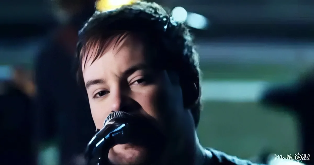 A man with short hair and a beard sings into a microphone, his eyes closed, in a dimly lit setting.