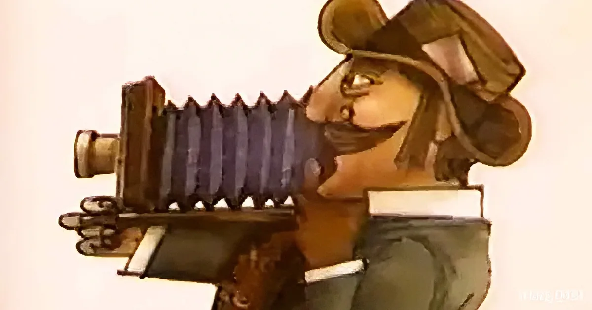 A cartoon mouse wearing a hat and gloves is holding a large, old-fashioned camera to its eye.