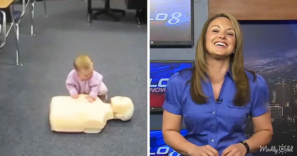 A baby practices CPR on a mannequin while a news anchor smiles in the background.