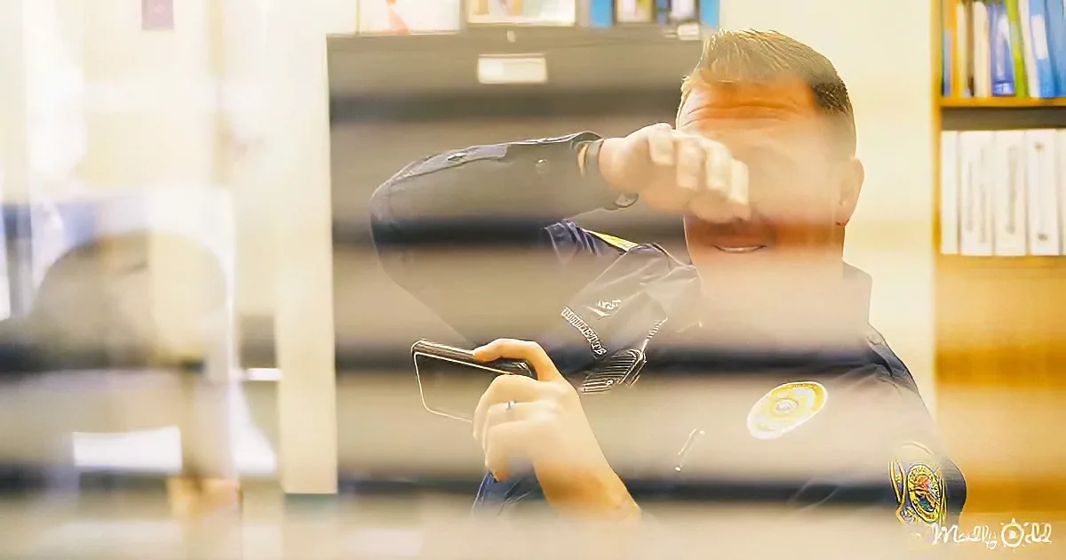 A man in a dark jacket holds a phone, wiping his face with his arm, in a blurred, reflective environment.