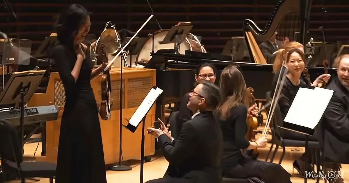 A violinist in black dress stands on stage, smiling, with orchestra musicians seated behind her.
