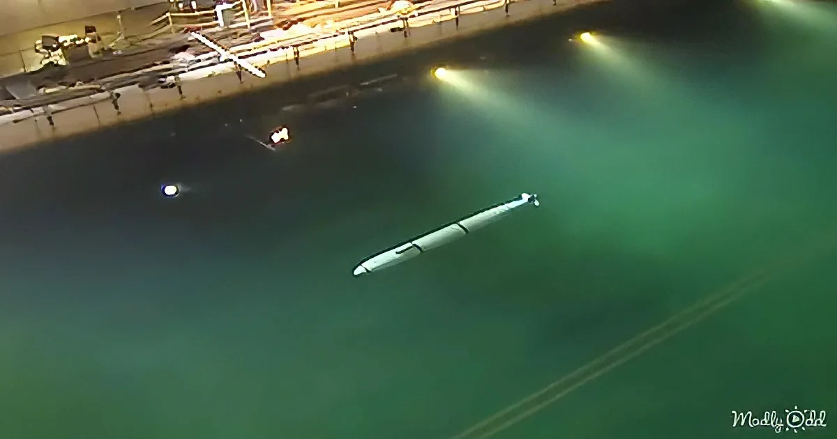 A submarine is submerged in a dark, greenish water body with a structure and lights above.