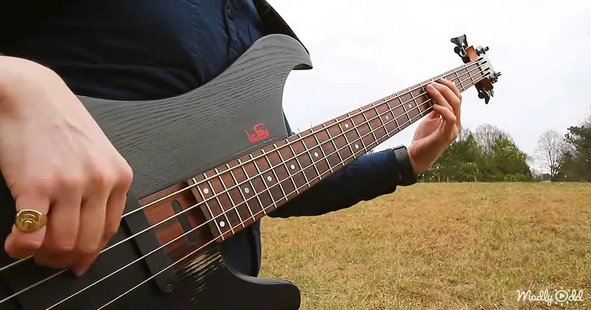 A person plays a black bass guitar outdoors, with a grassy field and trees in the background.