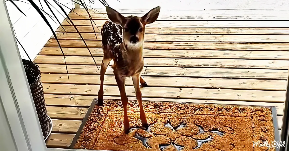 A fawn stands on a wooden deck, its legs slightly wobbly, on a decorative mat.
