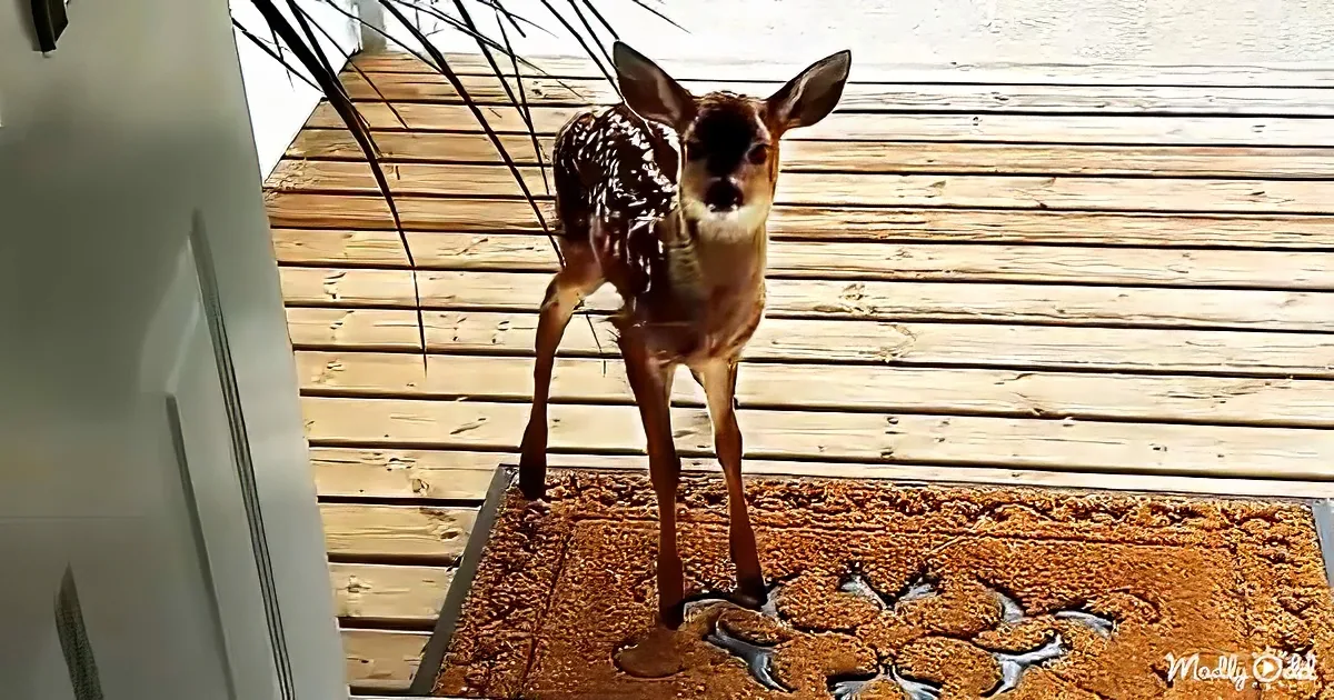 A fawn stands on a wooden deck, looking directly at the camera, with a brown doormat in front of it.