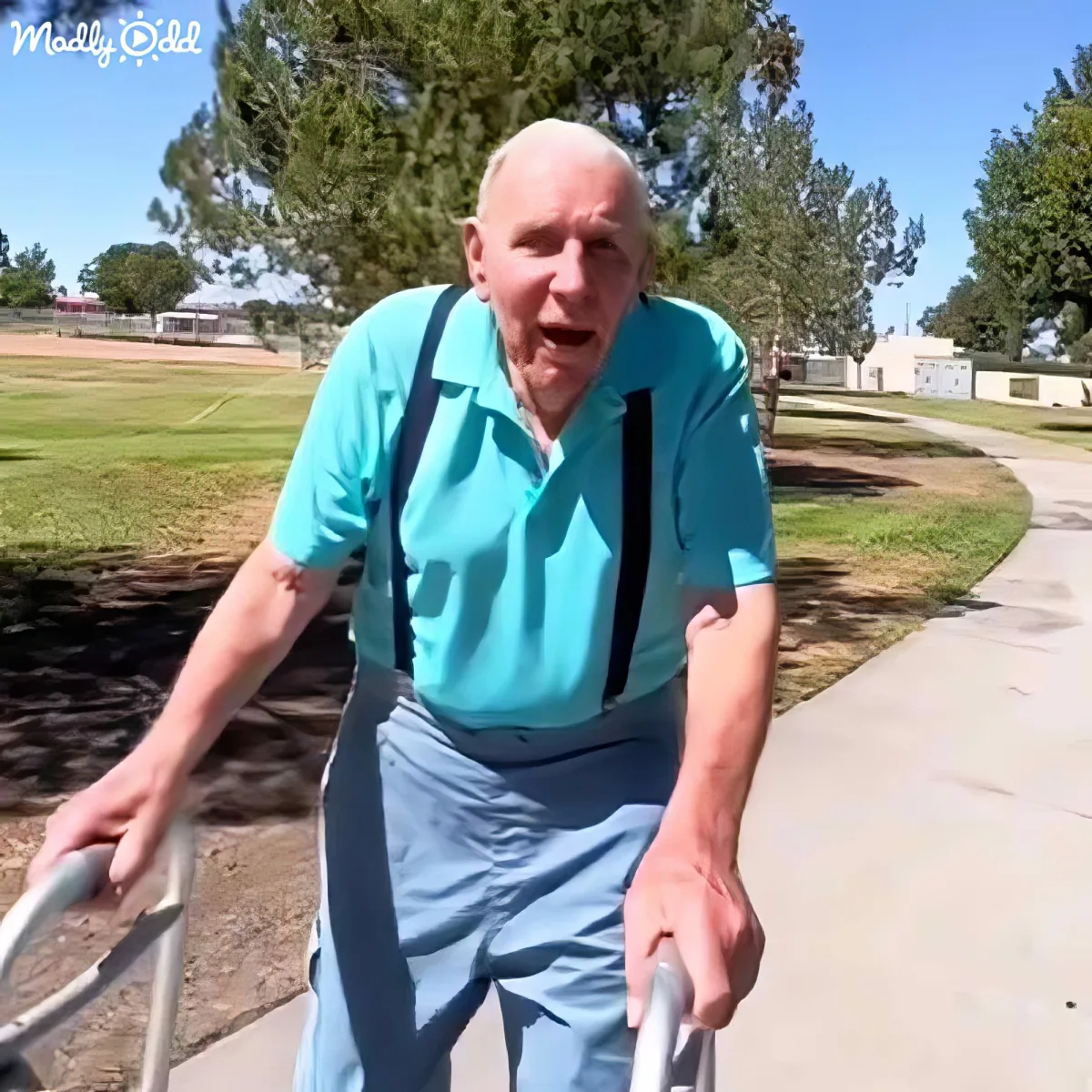 An elderly man in a blue shirt and suspenders uses a walker on a sunny day.