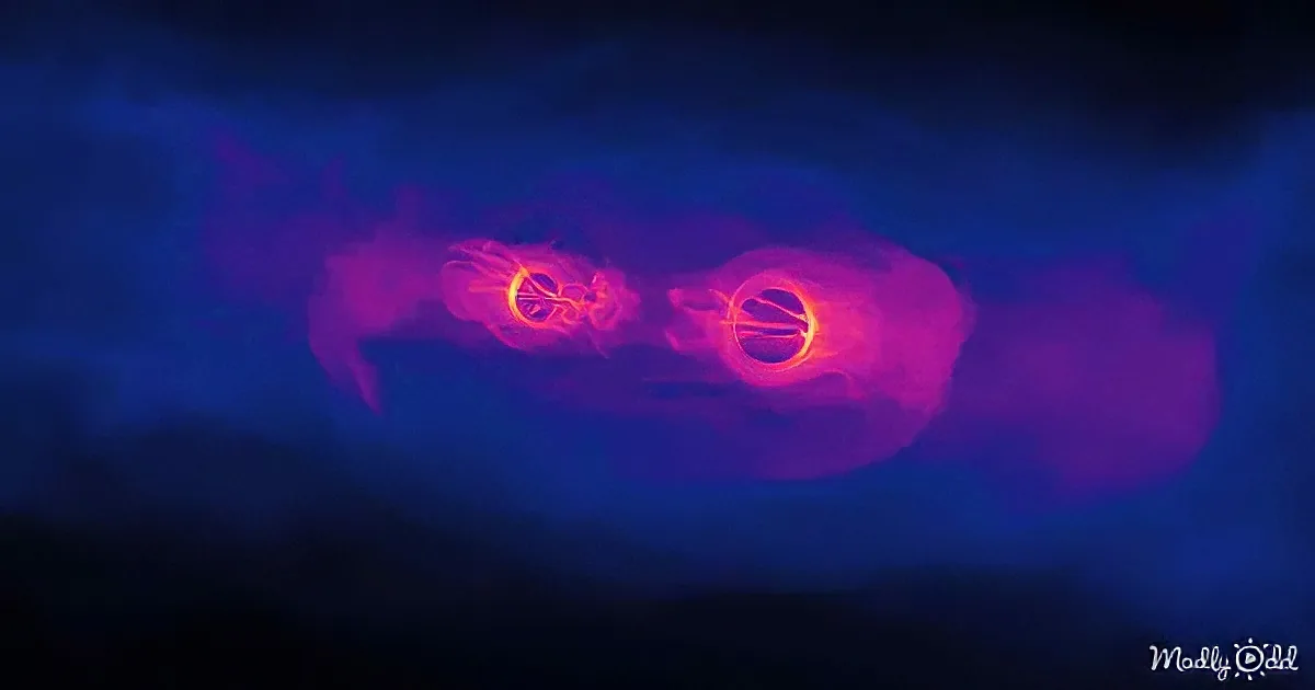 A glowing, ethereal object with a bright, fiery core surrounded by a pinkish-purple aura against a dark blue background.