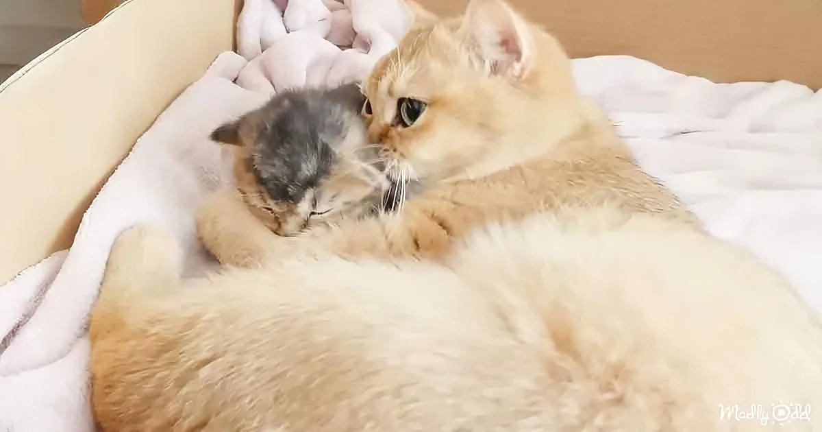 Mama Cat Just Wants to Cuddle Her Adventurous Kitten