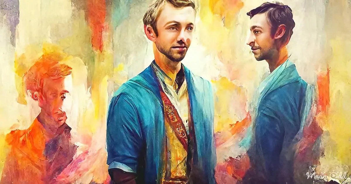 A man in a blue robe stands with two reflections, one in each side, against a colorful abstract background.