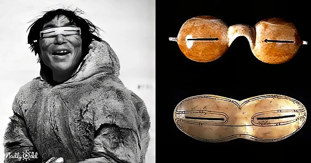 A person in a fur garment wears a blindfold, while two ancient-looking eye masks are displayed below.