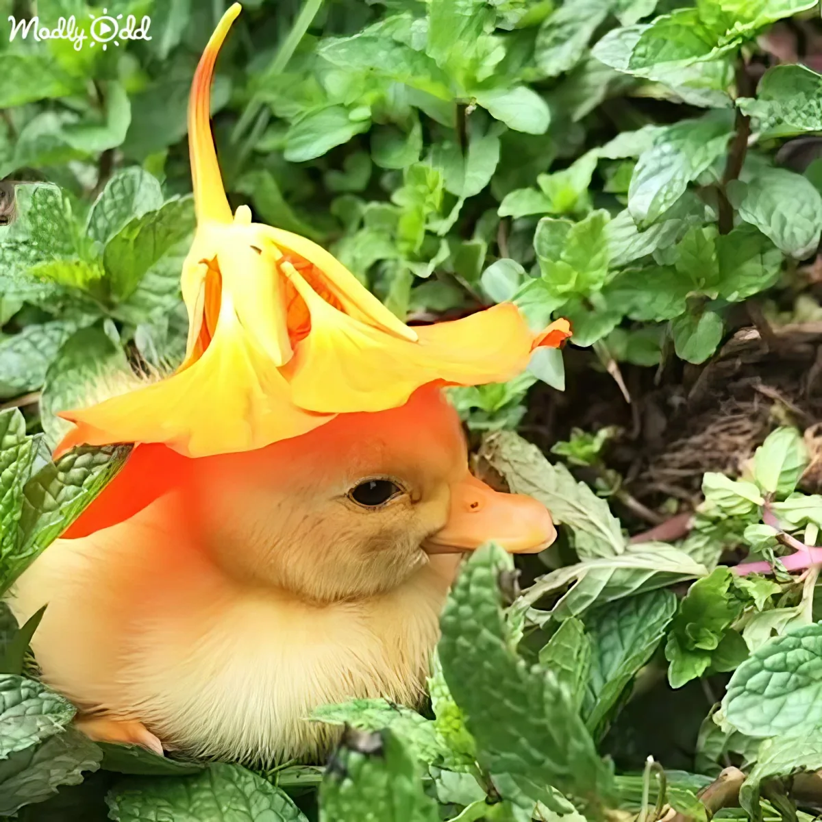A duckling with a large, orange flower on its head sits amidst green foliage.