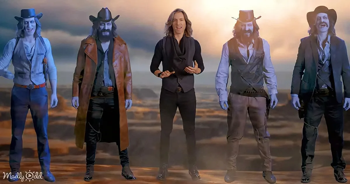 A man in a black outfit stands in the center, flanked by four characters in cowboy attire against a desert backdrop.