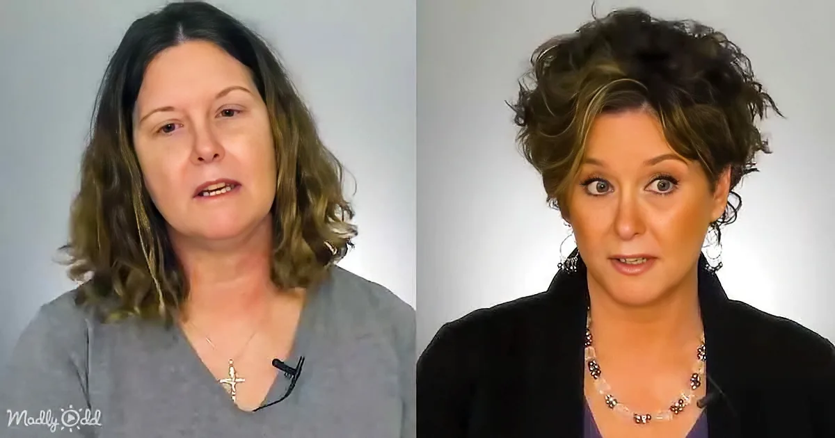 Two women with different hairstyles and outfits, both wearing necklaces, against plain backgrounds.