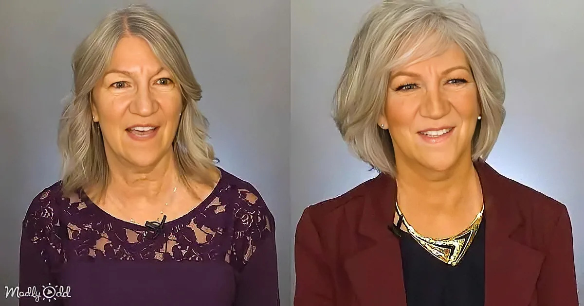 Two women with gray hair, one in a purple lace top and the other in a maroon blazer with a gold necklace.