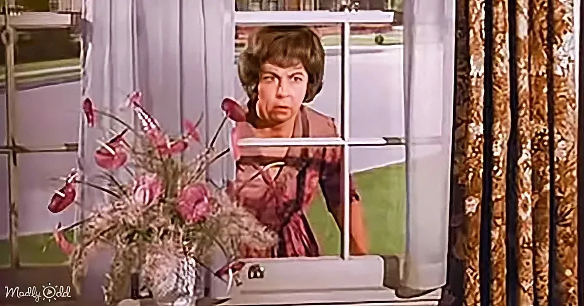 A woman with short hair looks out a window, with a floral arrangement in the foreground and curtains to the right.
