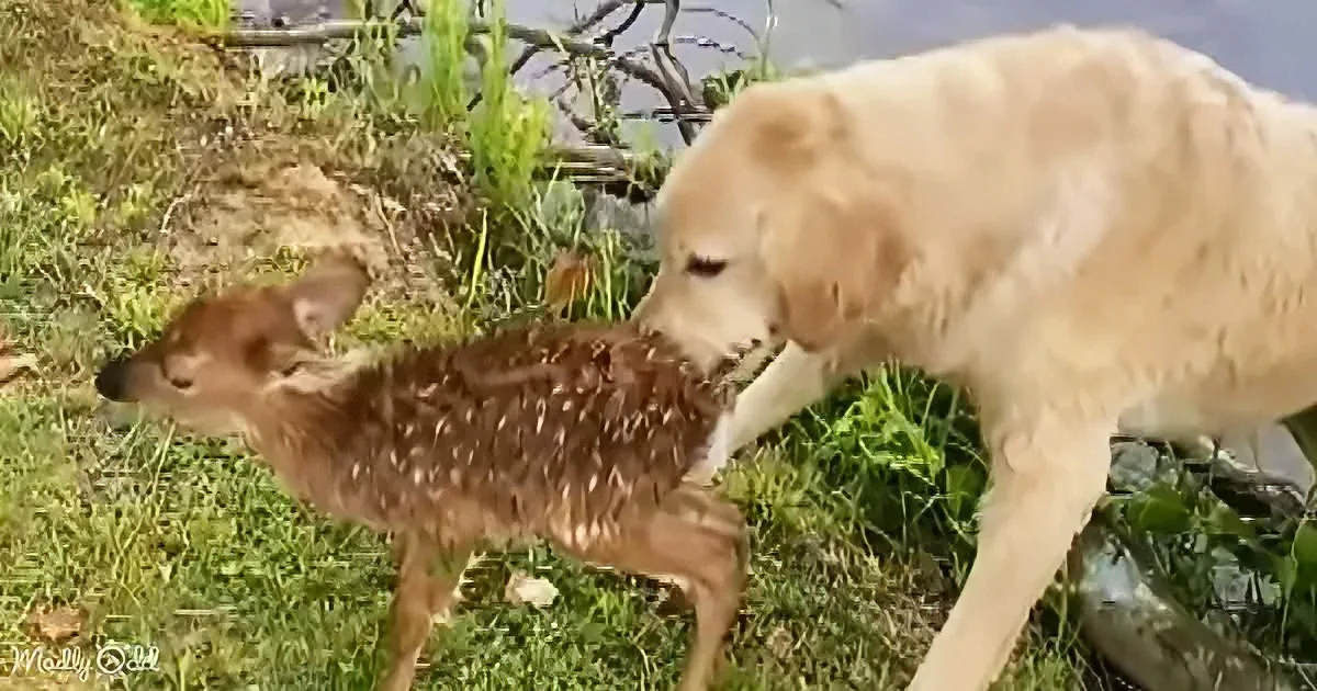 A golden retriever gently interacts with a fawn in a grassy area near water.