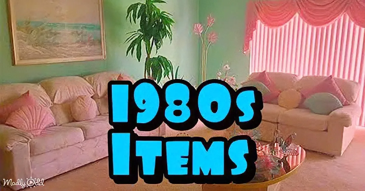 A retro 1980s living room with pastel colors, floral curtains, and a couch with pink pillows.