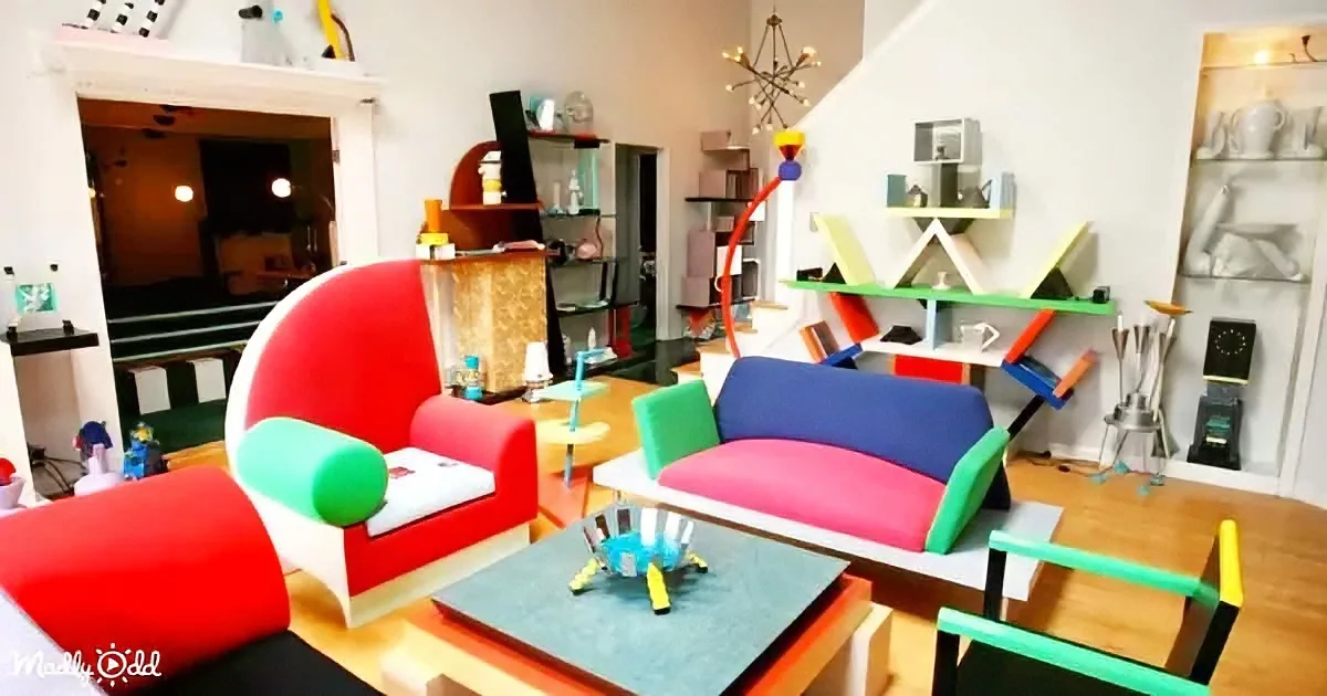 A vibrant, colorful living room with mismatched furniture and abstract decor, creating a playful and eclectic atmosphere.