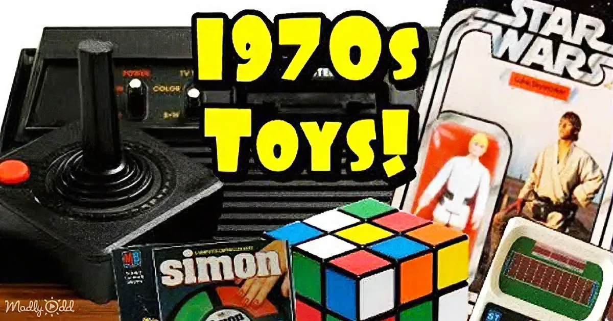 The image showcases iconic 1970s toys, including a Star Wars action figure, a Rubik's Cube, a Simon electronic game, and...