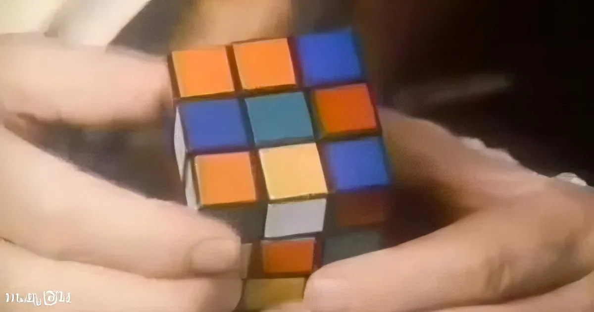 A person holds a partially solved Rubik's cube with colorful squares.