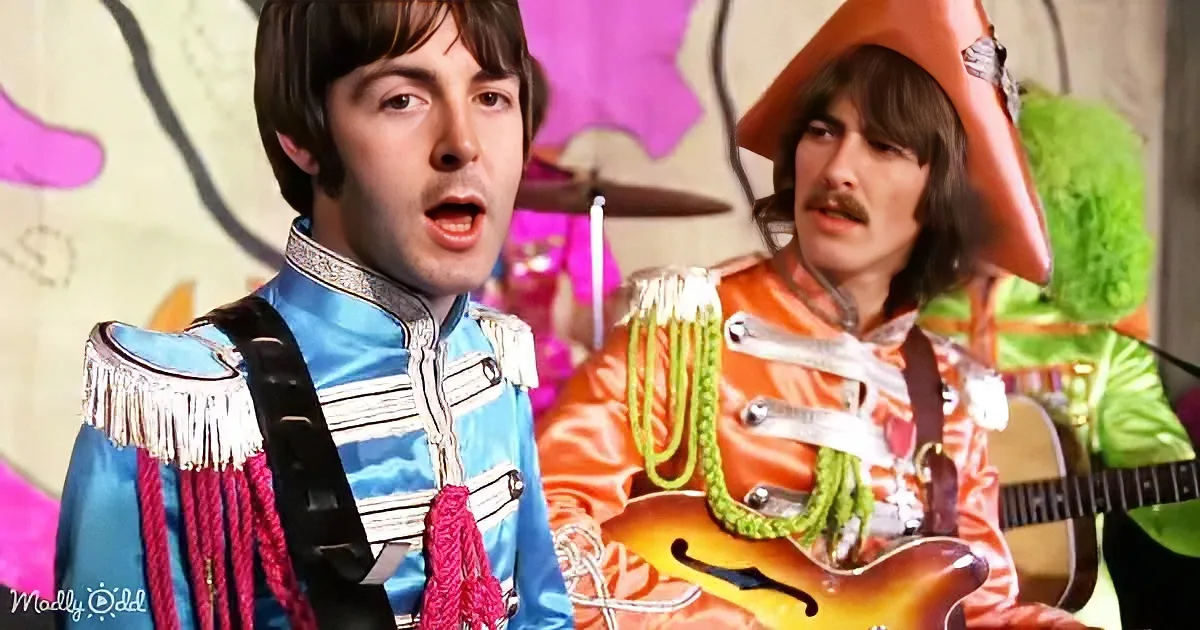 Paul McCartney in a blue uniform with a guitar, surrounded by colorful, psychedelic background.