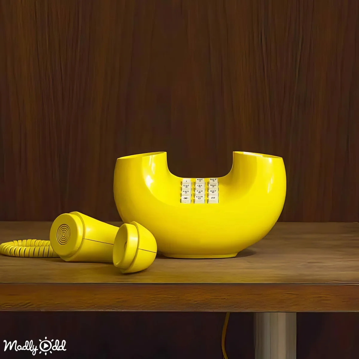 A bright yellow vintage telephone with a coiled cord rests on a wooden surface.