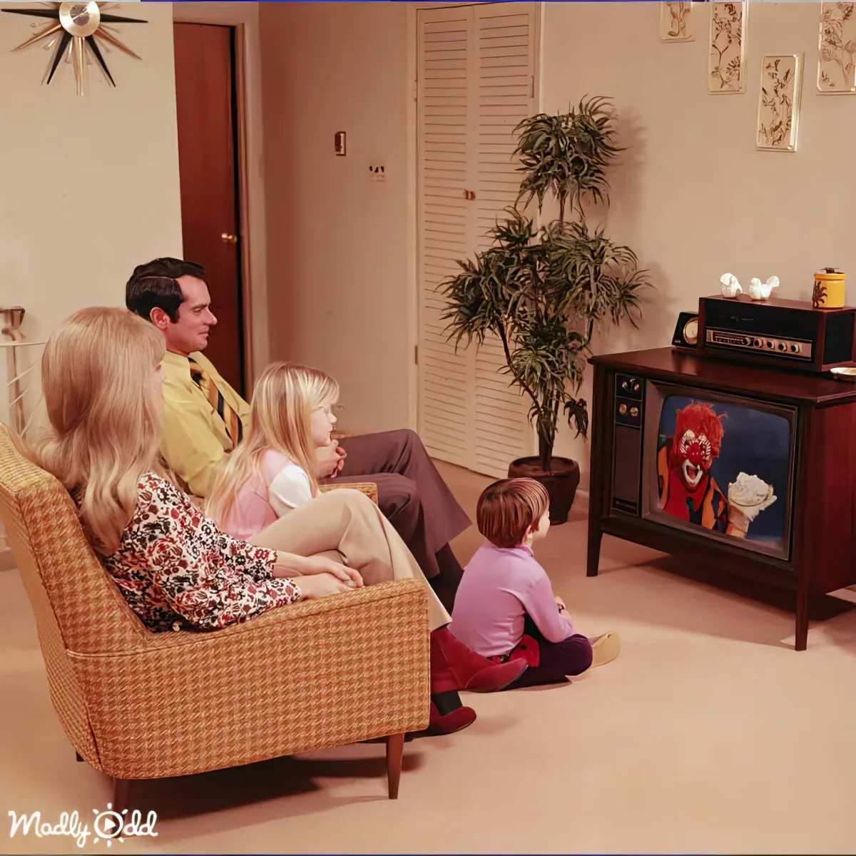 A family of four watches a clown on TV in a 1970s living room with a vintage TV and decor.