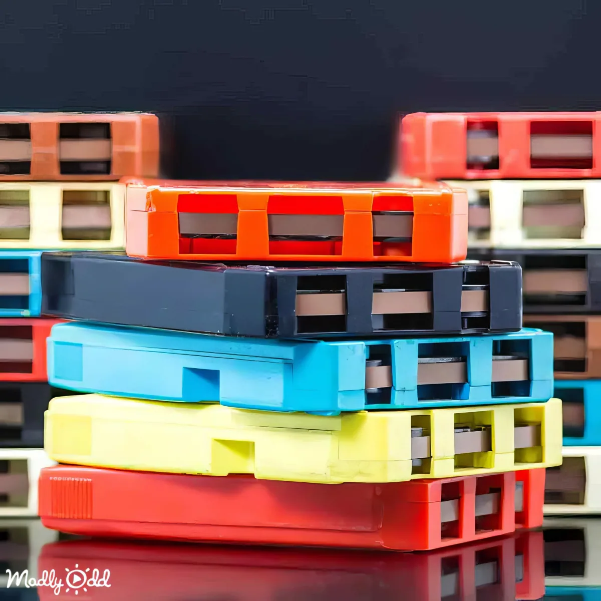 Stacked colorful plastic toy pallets in red, blue, yellow, and black on a reflective surface.