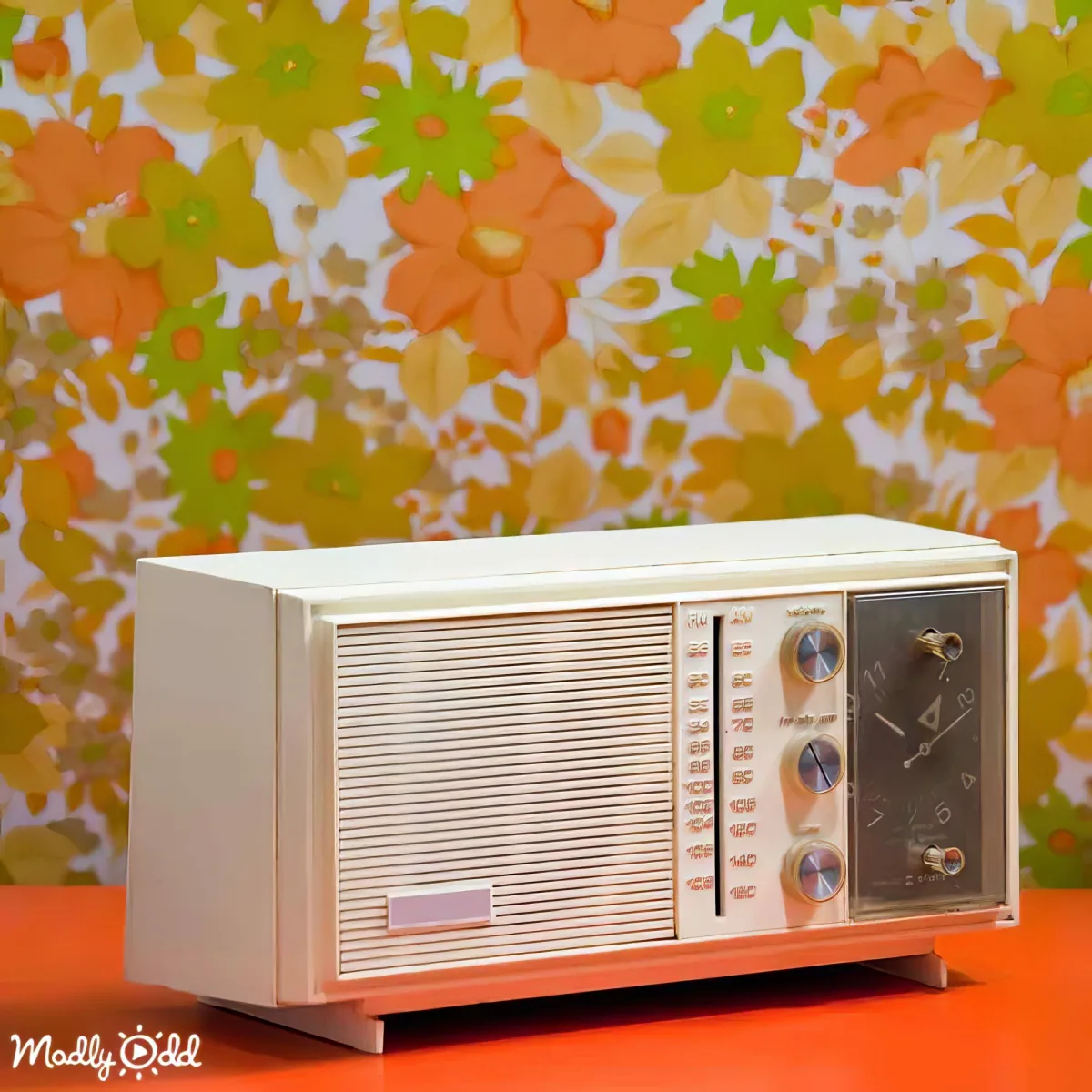 A vintage radio with a retro design sits on an orange surface against a floral wallpaper backdrop.