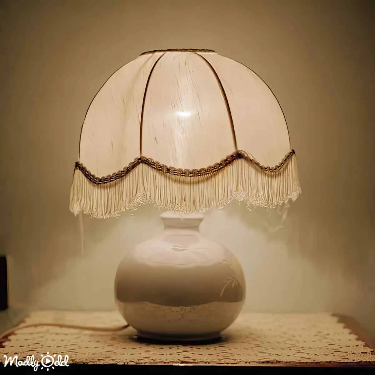 A vintage-style lamp with a white shade and fringe sits on a textured surface.