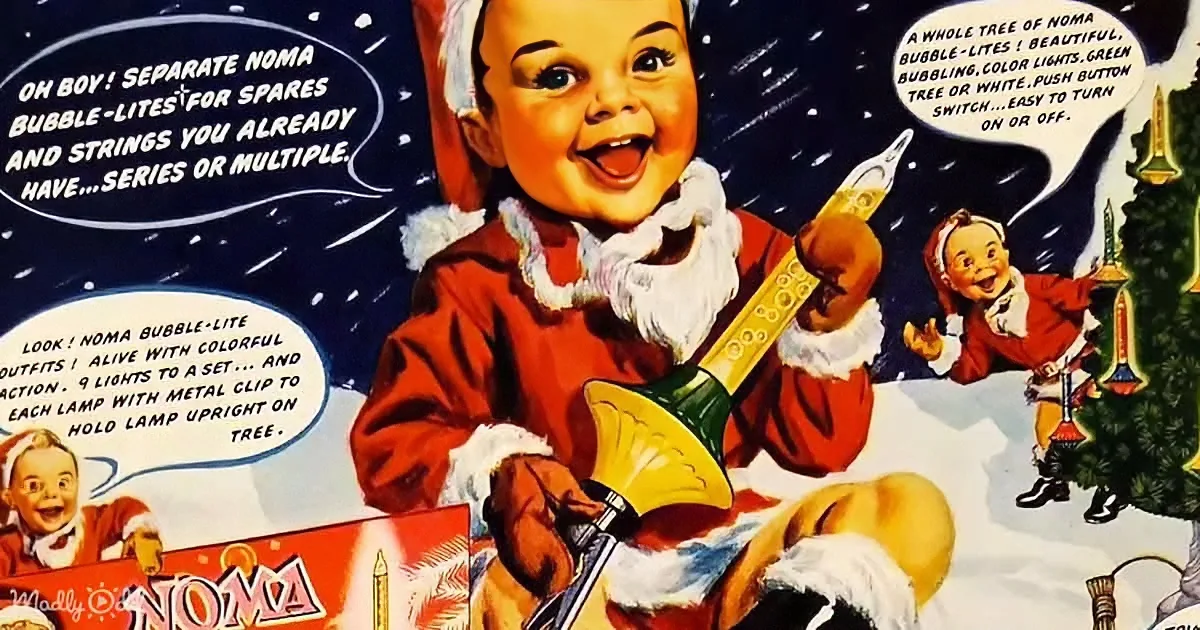 A child dressed as Santa Claus holds a Christmas ornament, surrounded by festive holiday advertisements.