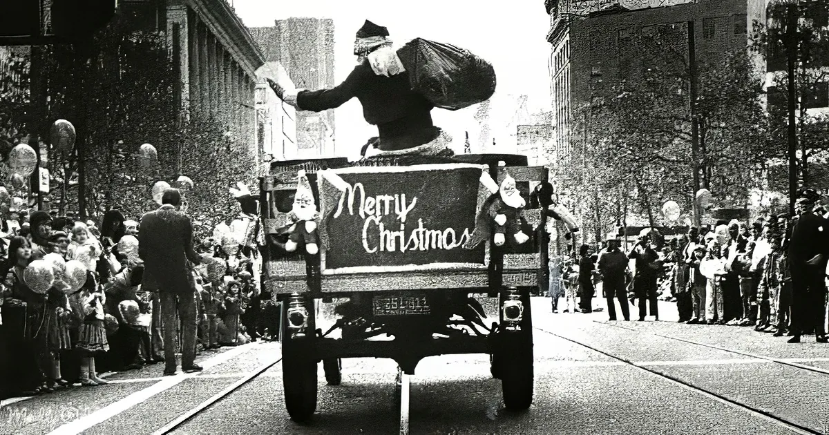 Santa Claus waves from a truck adorned with "Merry Christmas" during a festive parade.