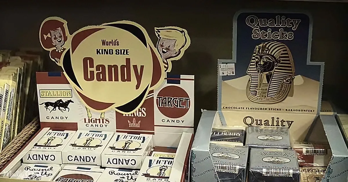 Vivid retro candy packaging with "World's King Size Candy" and "Quality Sticks" prominently displayed.
