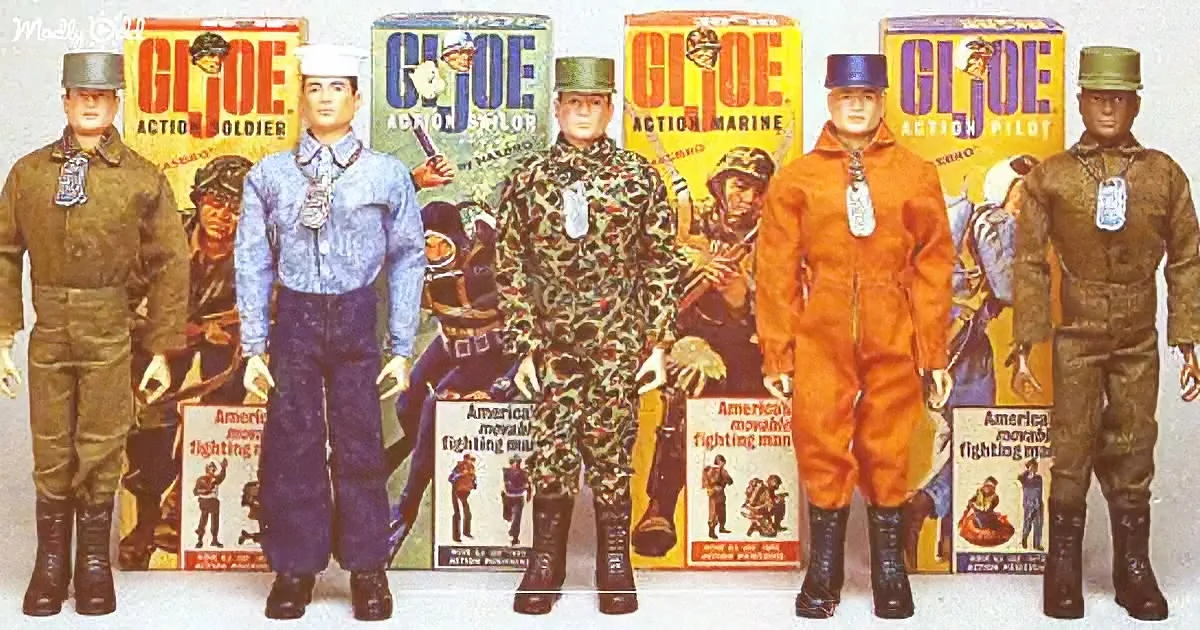 GI Joe action figures in various uniforms stand in front of their respective boxes.