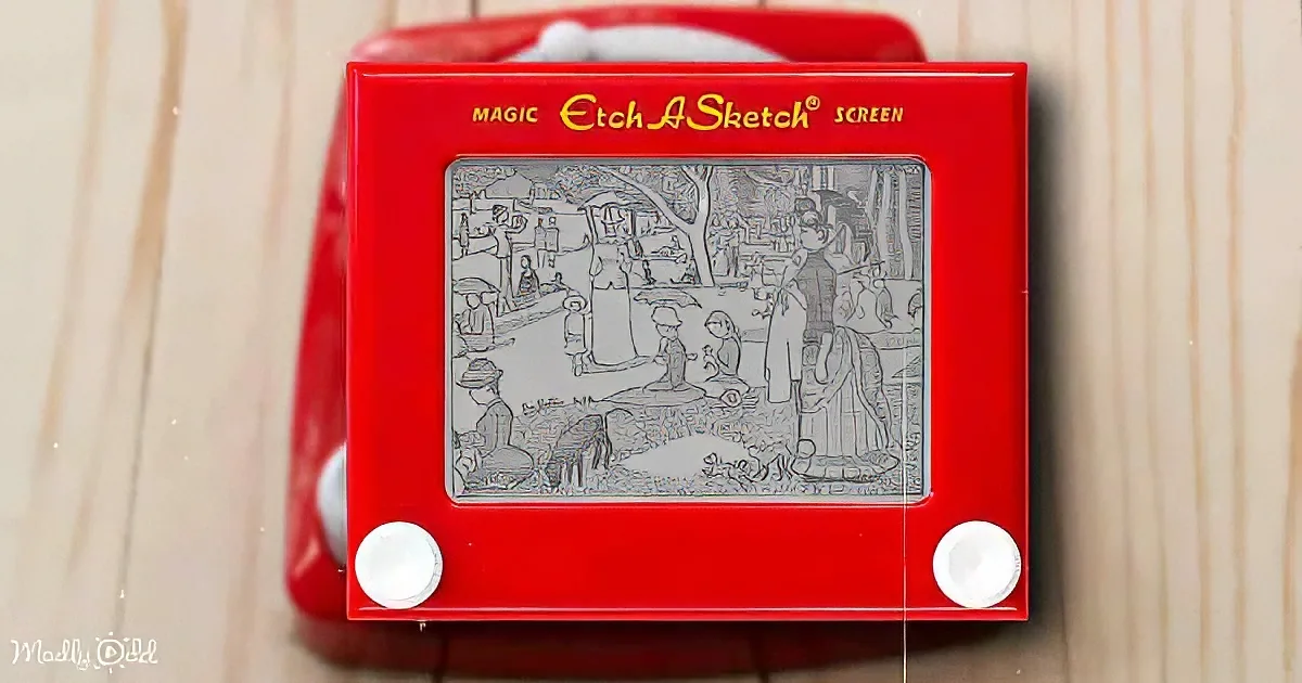 A red Etch A Sketch with a detailed black-and-white drawing of people in a park scene.