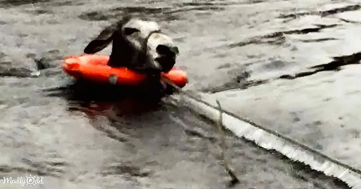 A dog, possibly a Dalmatian, is swimming in water with an orange object in its mouth.
