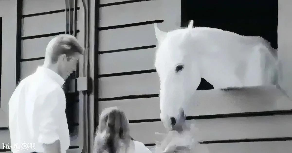 A person in a white shirt stands near a white dog on a shelf, both in black and white.