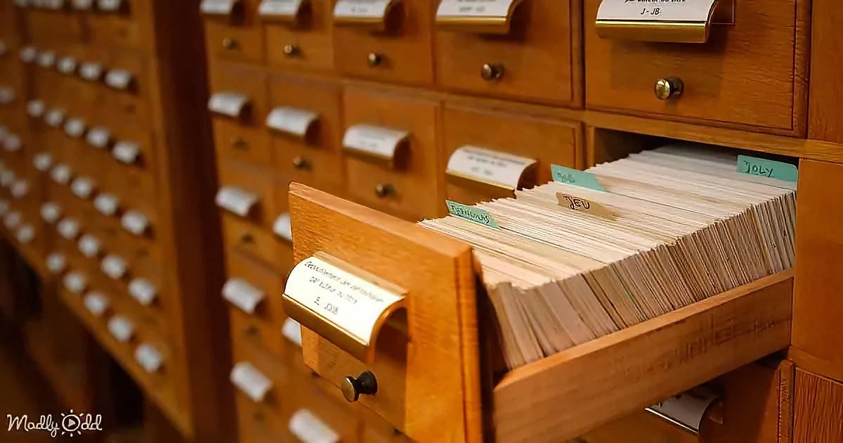 An open wooden drawer filled with index cards in a library card catalog system.