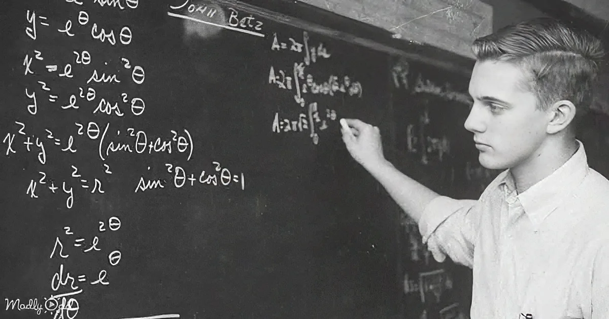 A young man in a white shirt points at a chalkboard filled with mathematical equations.