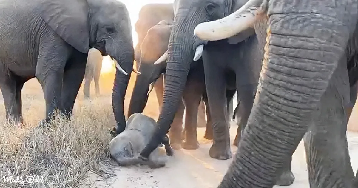 Elephants gather around a baby elephant lying on the ground, appearing to assist or comfort it.