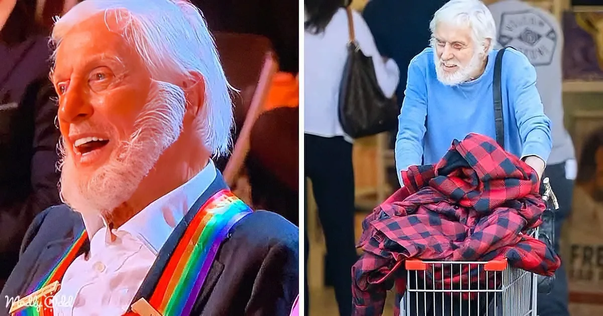 An older man with white hair and a beard is shown in two different settings, one with a rainbow sash and the other...