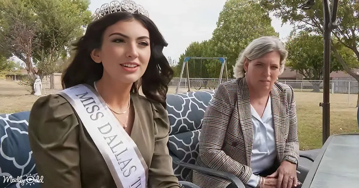 A woman wearing a Miss Dallas sash and tiara sits on a couch outdoors, smiling.