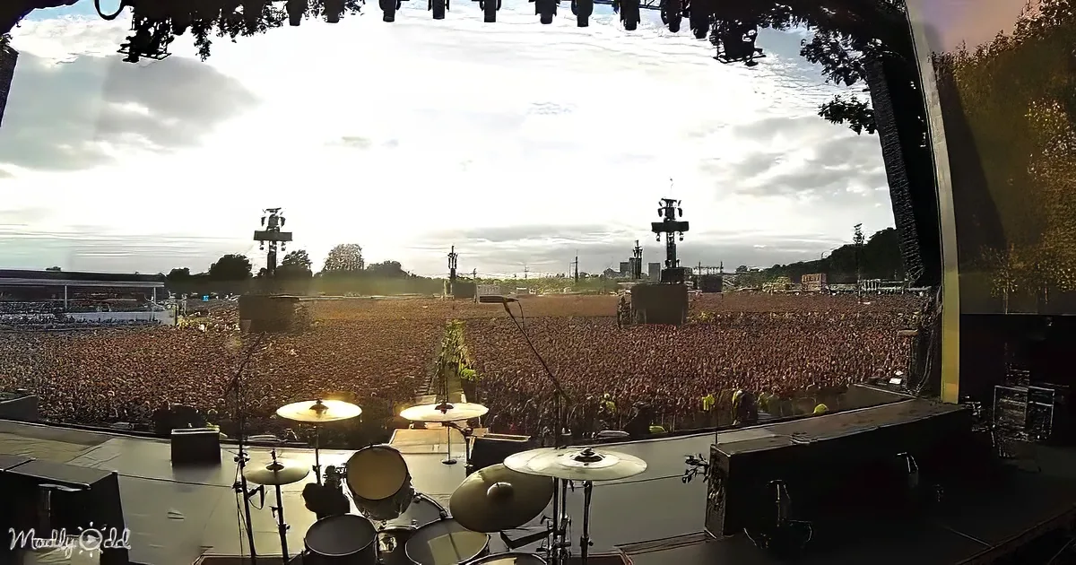 A massive crowd fills the stage at a concert, with a drum set in the foreground and a large screen displaying the audience.