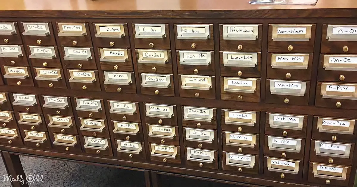 A vintage wooden card catalog with drawers labeled alphabetically from A-Z.
