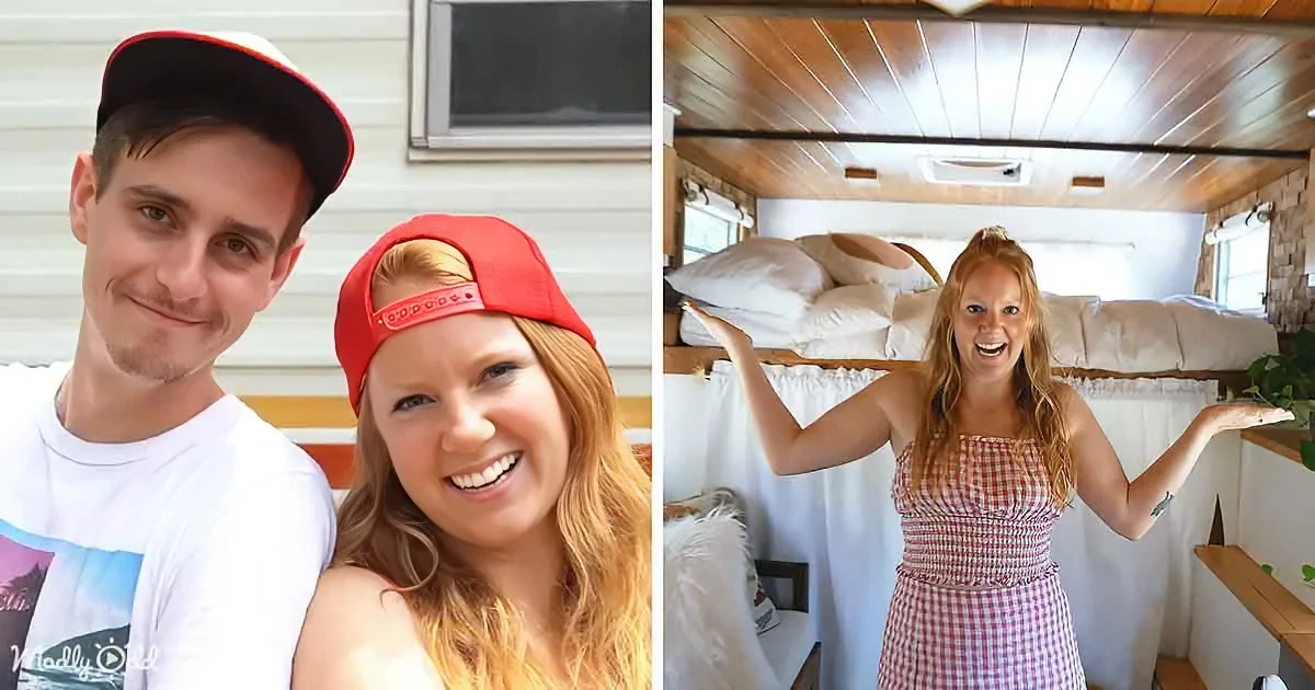A couple in red caps smiles in the first image, while the second shows a woman in a checkered dress in a cozy, wooden...