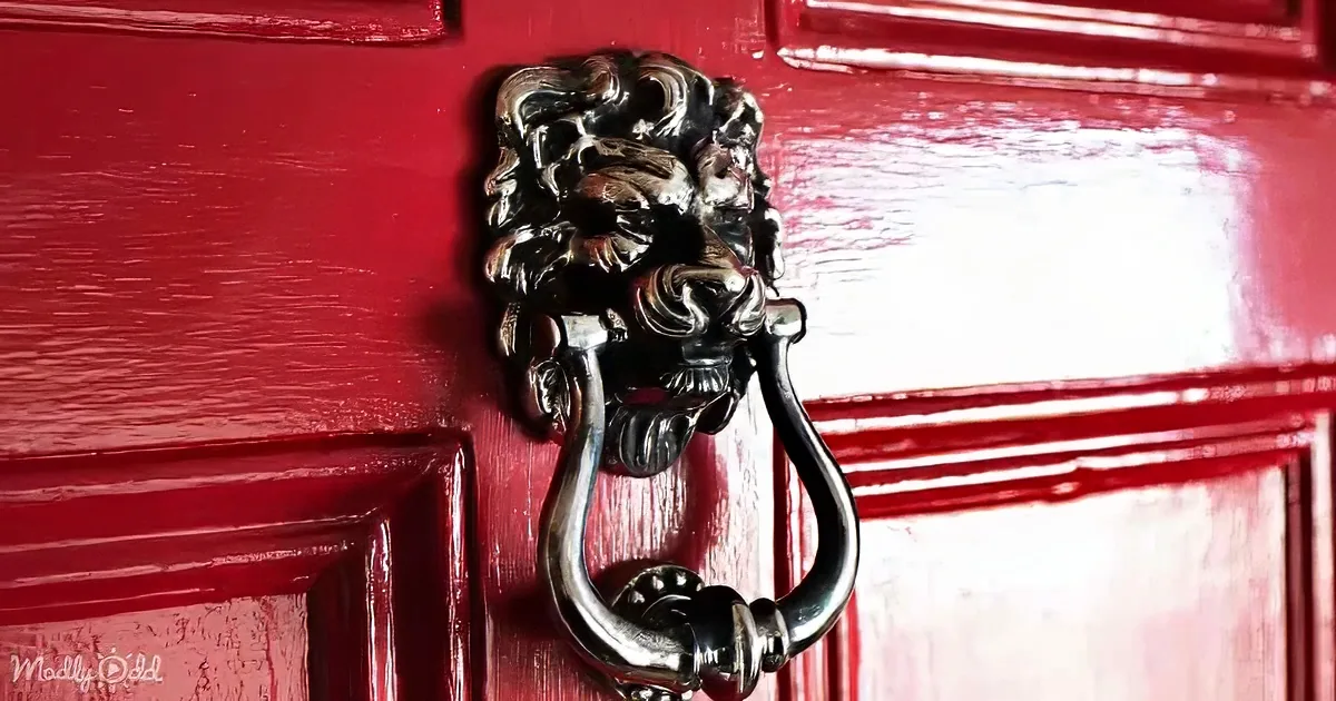 A shiny lion head door knocker on a red wooden door.
