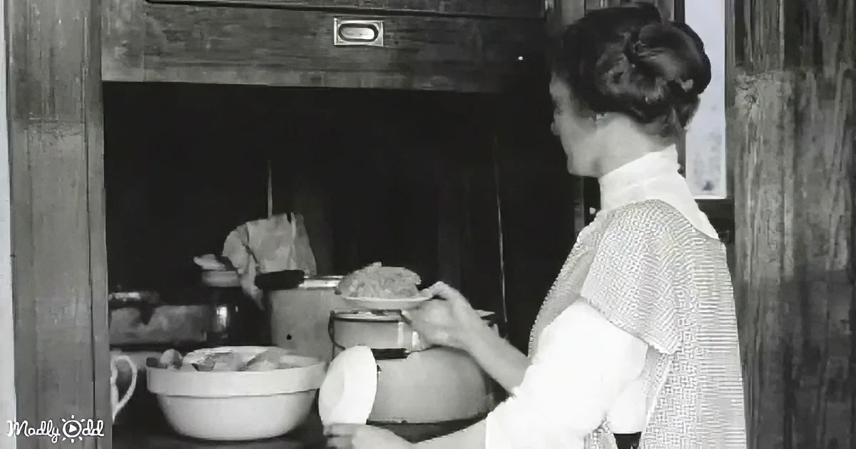 A woman in a white apron holds a plate of food, standing in a rustic kitchen with wooden walls and a stove.