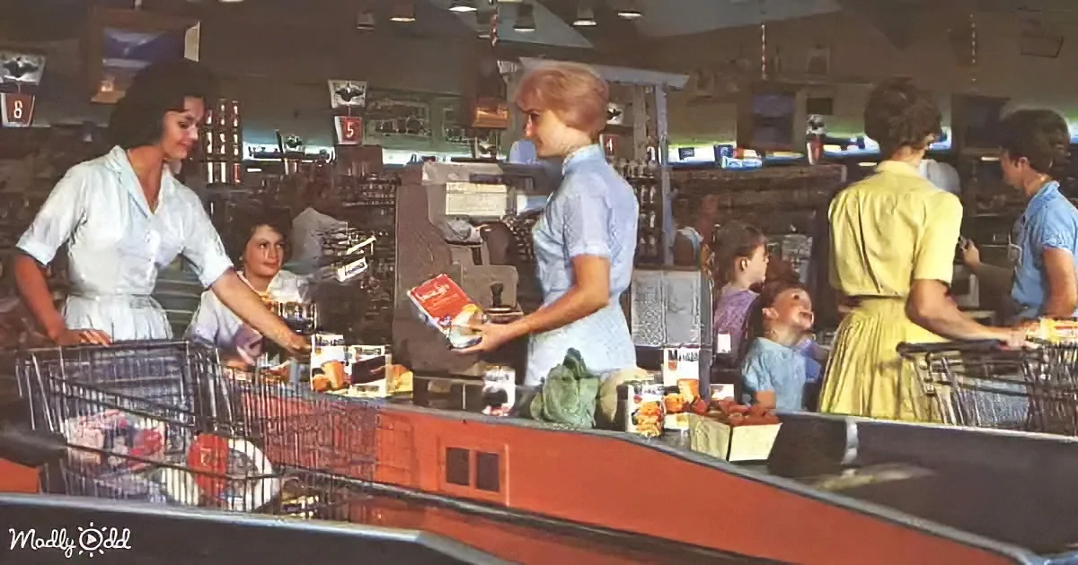 Cashier scanning groceries at a bustling checkout counter in a 1950s-style supermarket.
