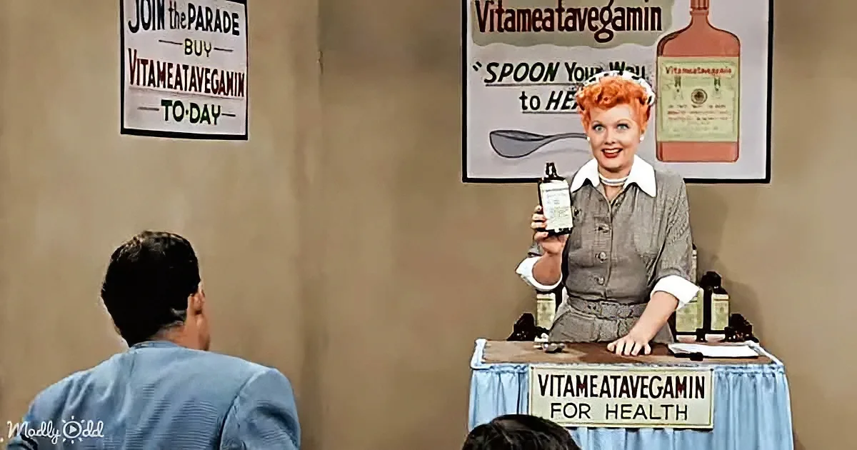 Lucille Ball promotes Vitameatavegamin, a health supplement, in a vintage advertisement setup.