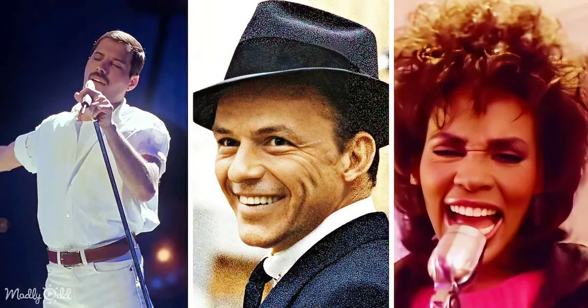 Three iconic singers: Freddie Mercury, Frank Sinatra, and Whitney Houston, each in their signature style.